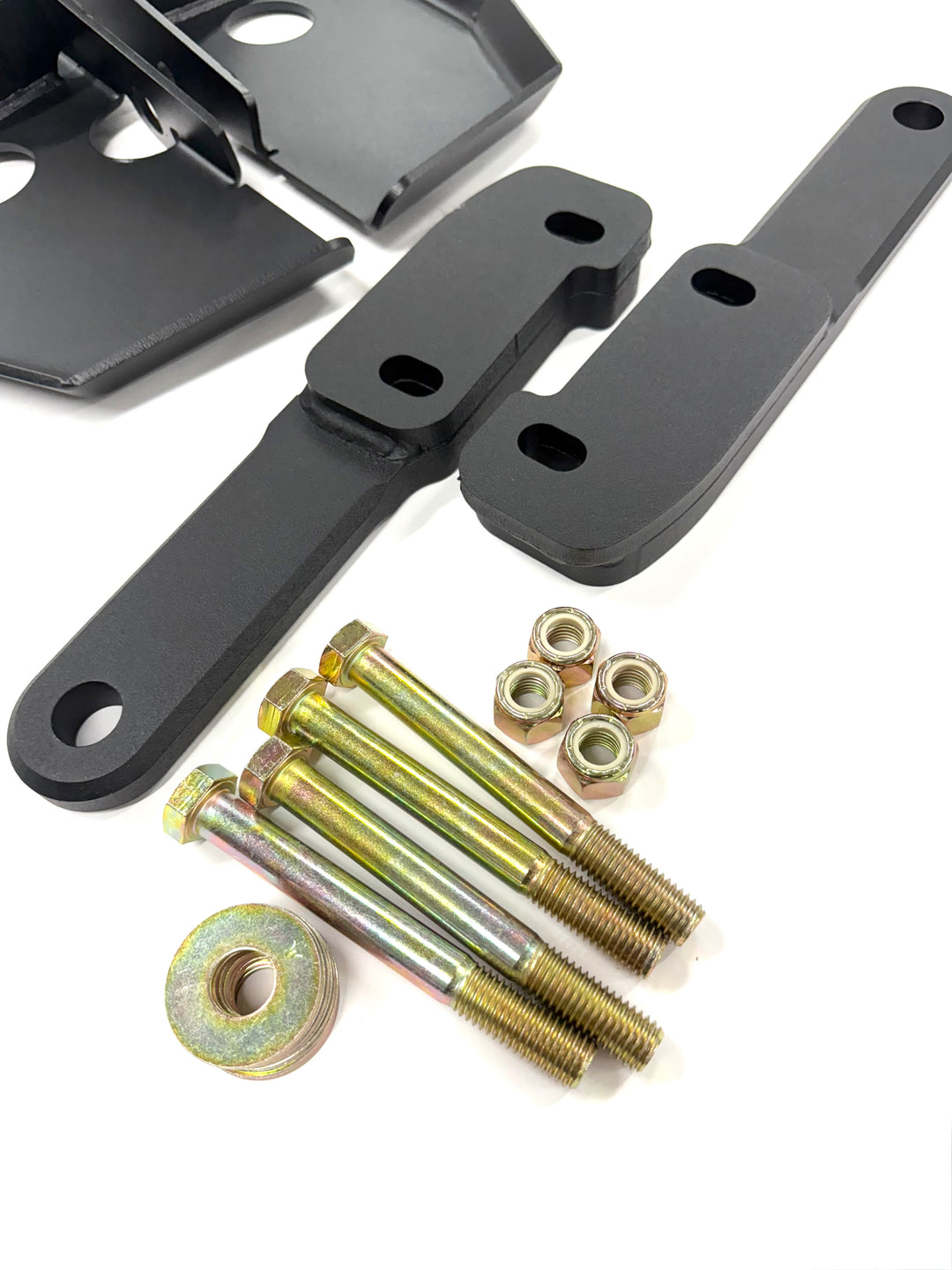 BPF 4th gen Tacoma rear tow hooks with integrated skid plates shown with mounting hardware including bolts, nuts, and washers, designed for durable truck recovery and protection.