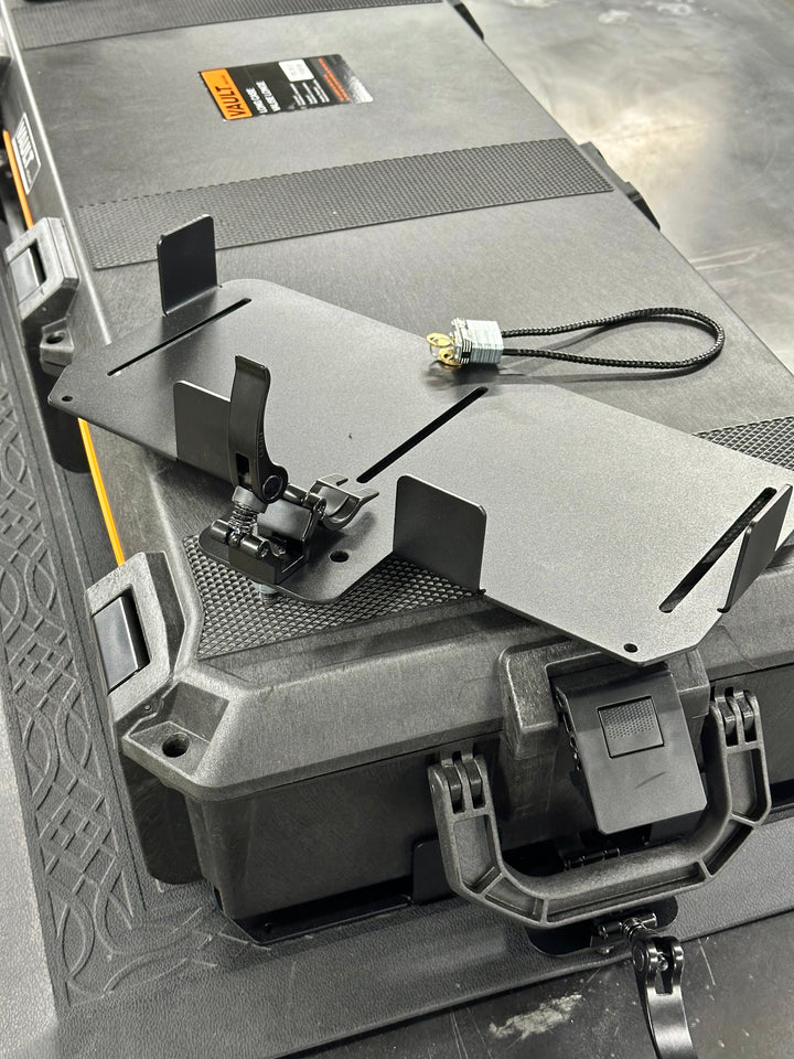 BPF Universal Pelican Vault V800 and V730 Case Mounting brackets displayed on a hard black protective case with a locking cable and adjustable mounting hardware.
