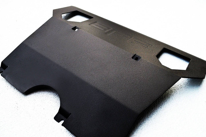 Black powder coated steel BPF 2016-2023 Tacoma Skid Plate designed for durable OEM fitment and protection of the vehicle’s undercarriage during off-road driving.