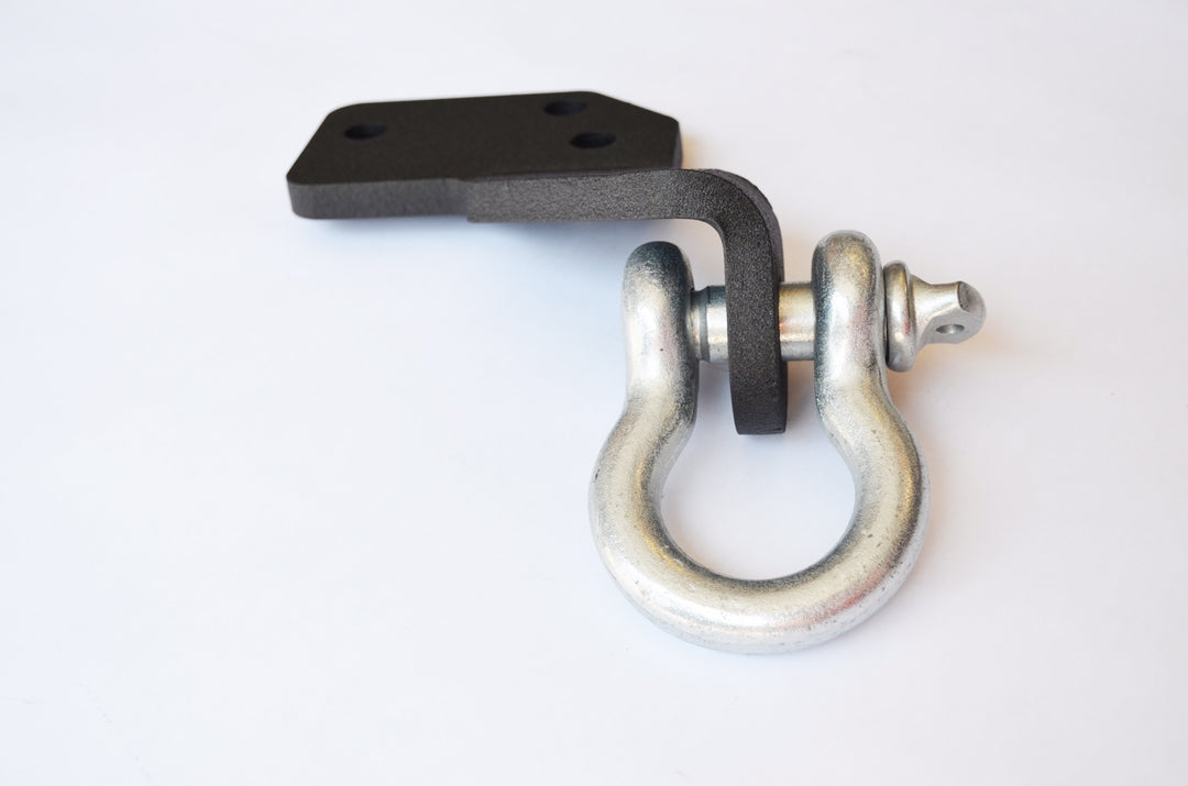 BPF 2005-2023 HD Tacoma Recovery Tow Hook Passenger Side with a black powder-coated bracket and silver heavy-duty metal shackle for secure vehicle recovery.