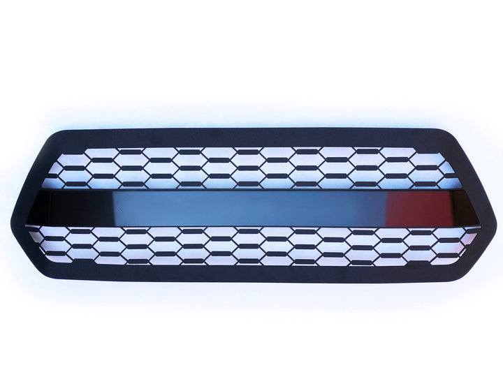 BPF 2016-2023 Toyota Tacoma Grill featuring a black powder-coated honeycomb mesh design, CNC fabricated for durable and precise OEM fitment.